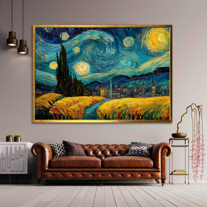 Van Gogh Starry Night Canvas Wall Art - Impressionist Wheat Field Painting