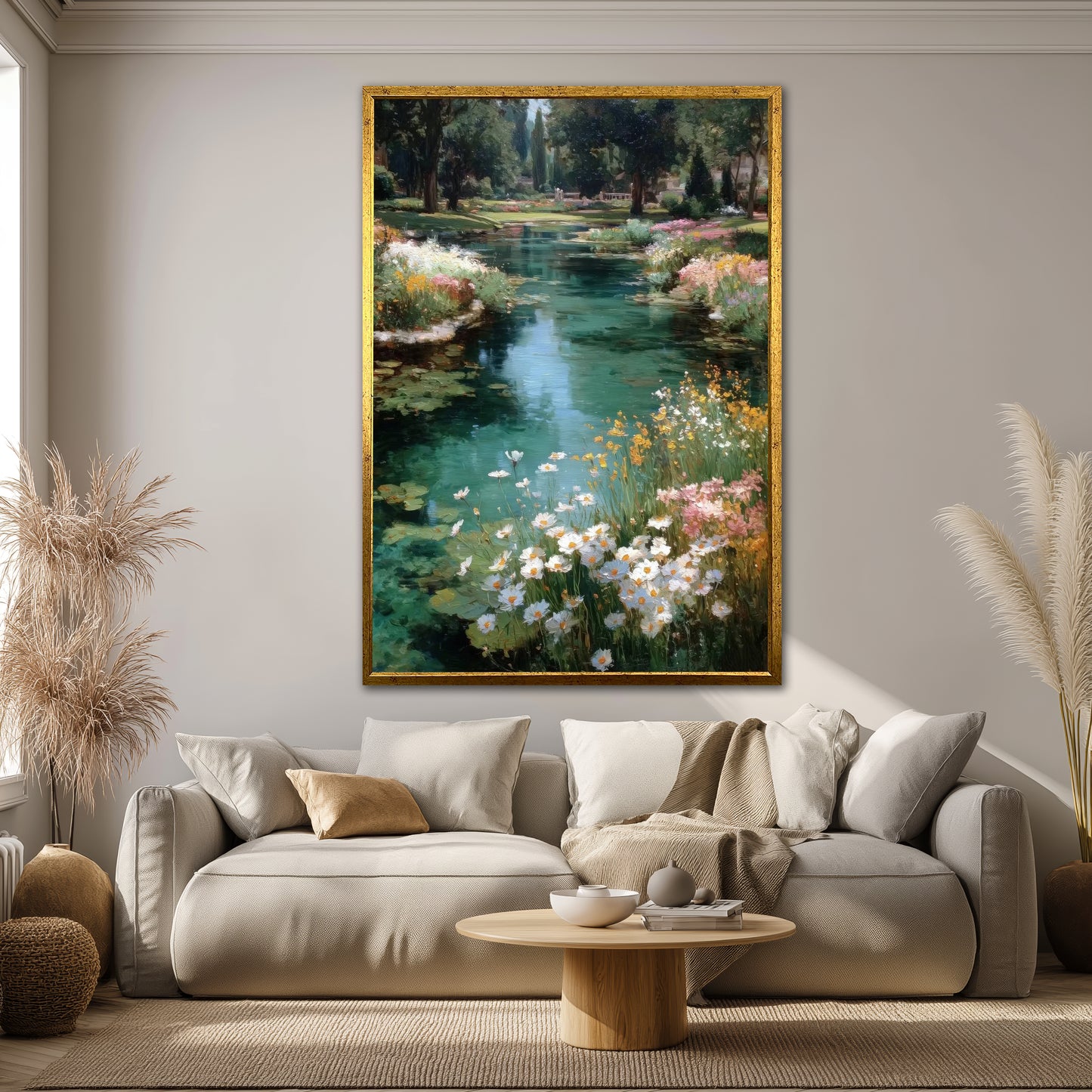 Wildflowers and River Landscape Canvas Art - Nature Home Decor