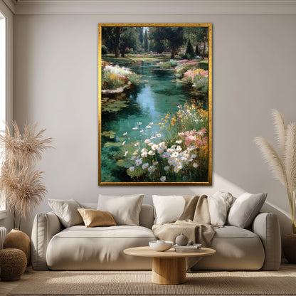 Wildflowers and River Landscape Canvas Art - Nature Home Decor