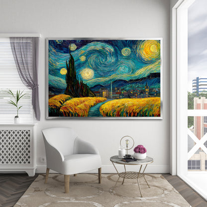 Van Gogh Starry Night Canvas Wall Art - Impressionist Wheat Field Painting