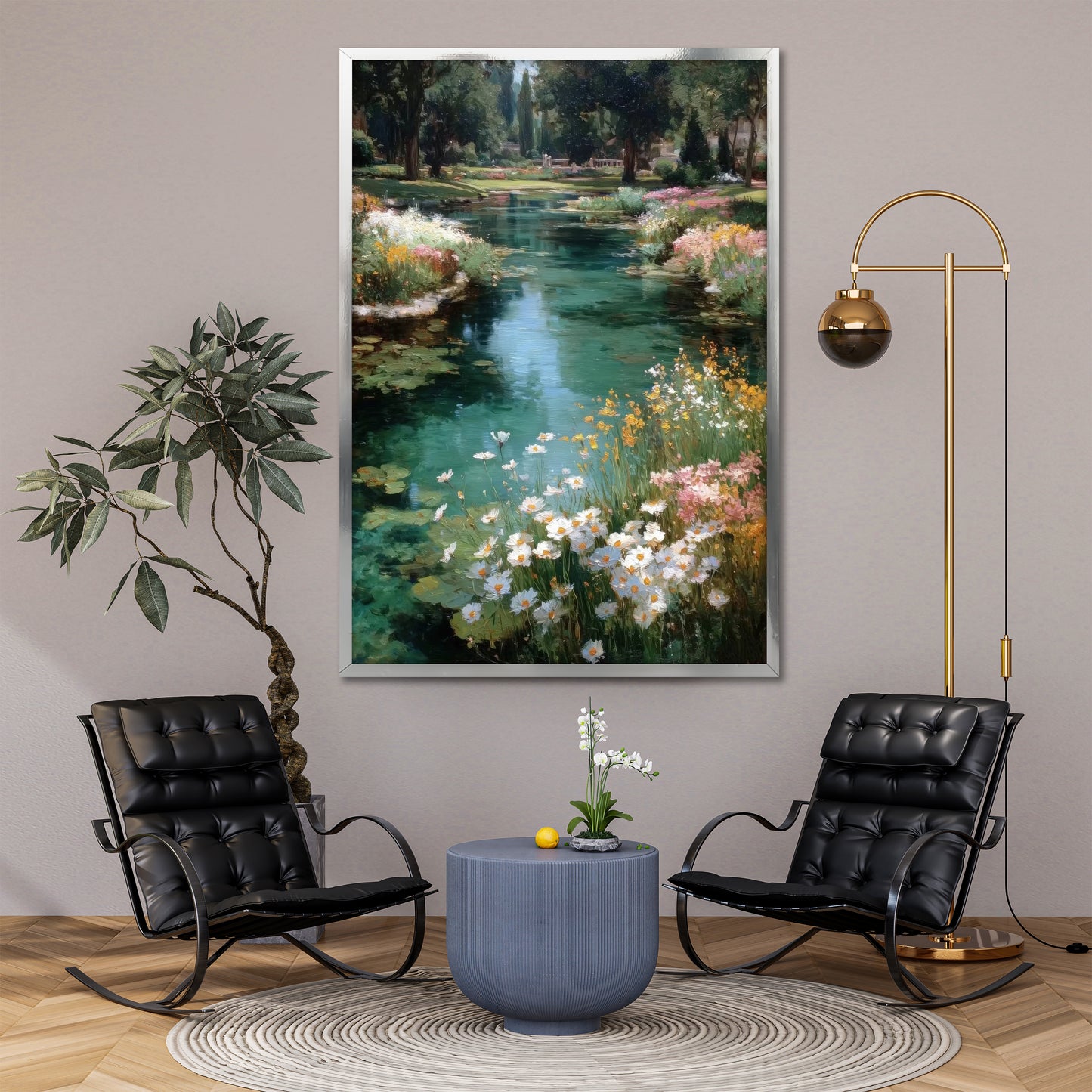Wildflowers and River Landscape Canvas Art - Nature Home Decor