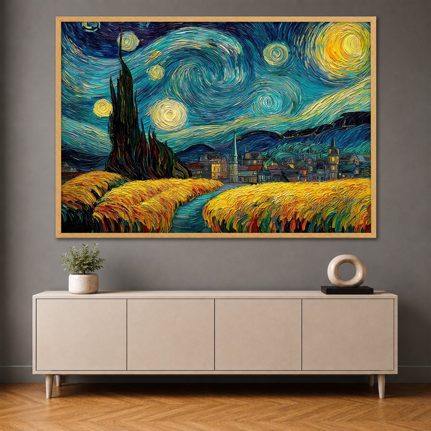 Van Gogh Starry Night Canvas Wall Art - Impressionist Wheat Field Painting