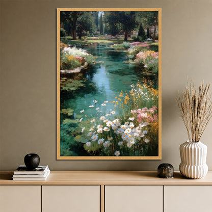 Wildflowers and River Landscape Canvas Art - Nature Home Decor
