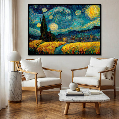 Van Gogh Starry Night Canvas Wall Art - Impressionist Wheat Field Painting