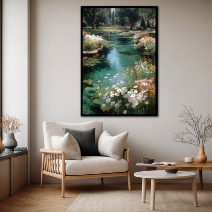 Wildflowers and River Landscape Canvas Art - Nature Home Decor