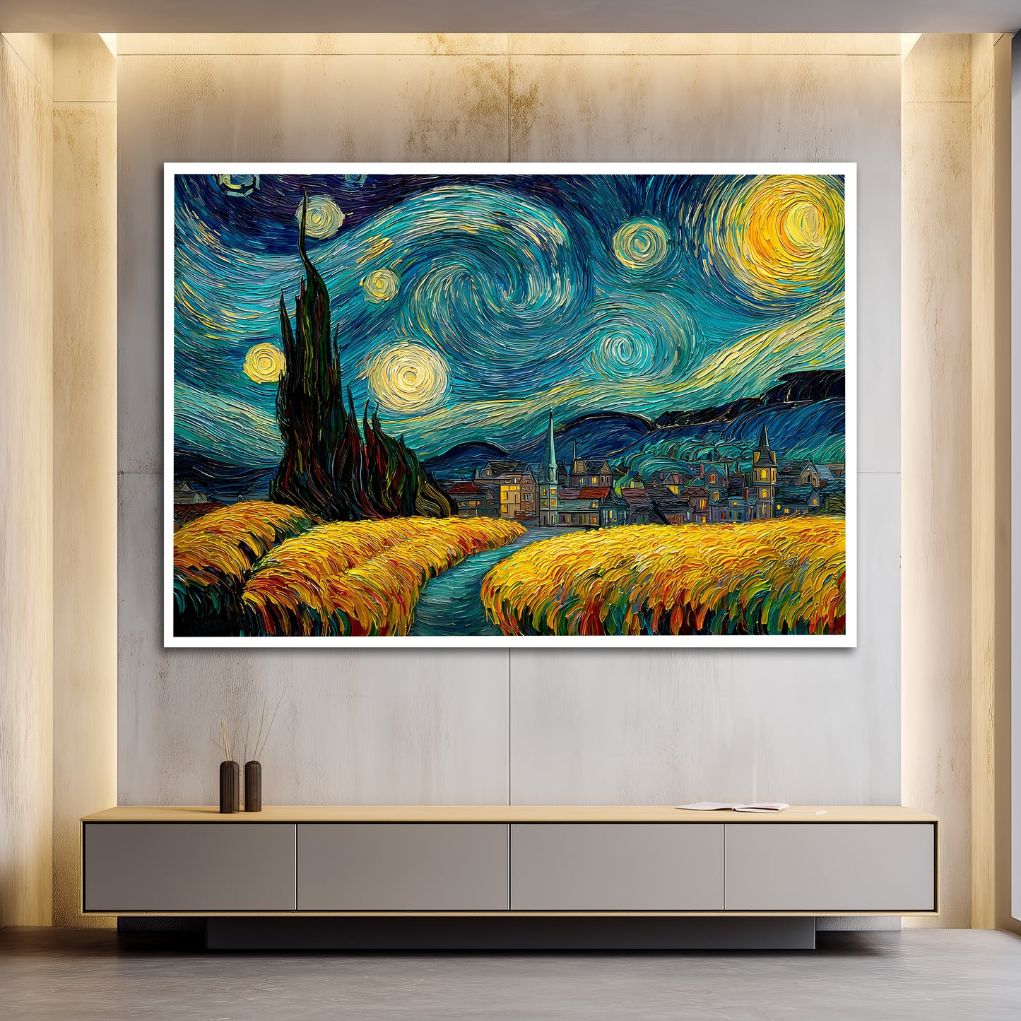 Van Gogh Starry Night Canvas Wall Art - Impressionist Wheat Field Painting