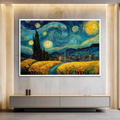 Van Gogh Starry Night Canvas Wall Art - Impressionist Wheat Field Painting