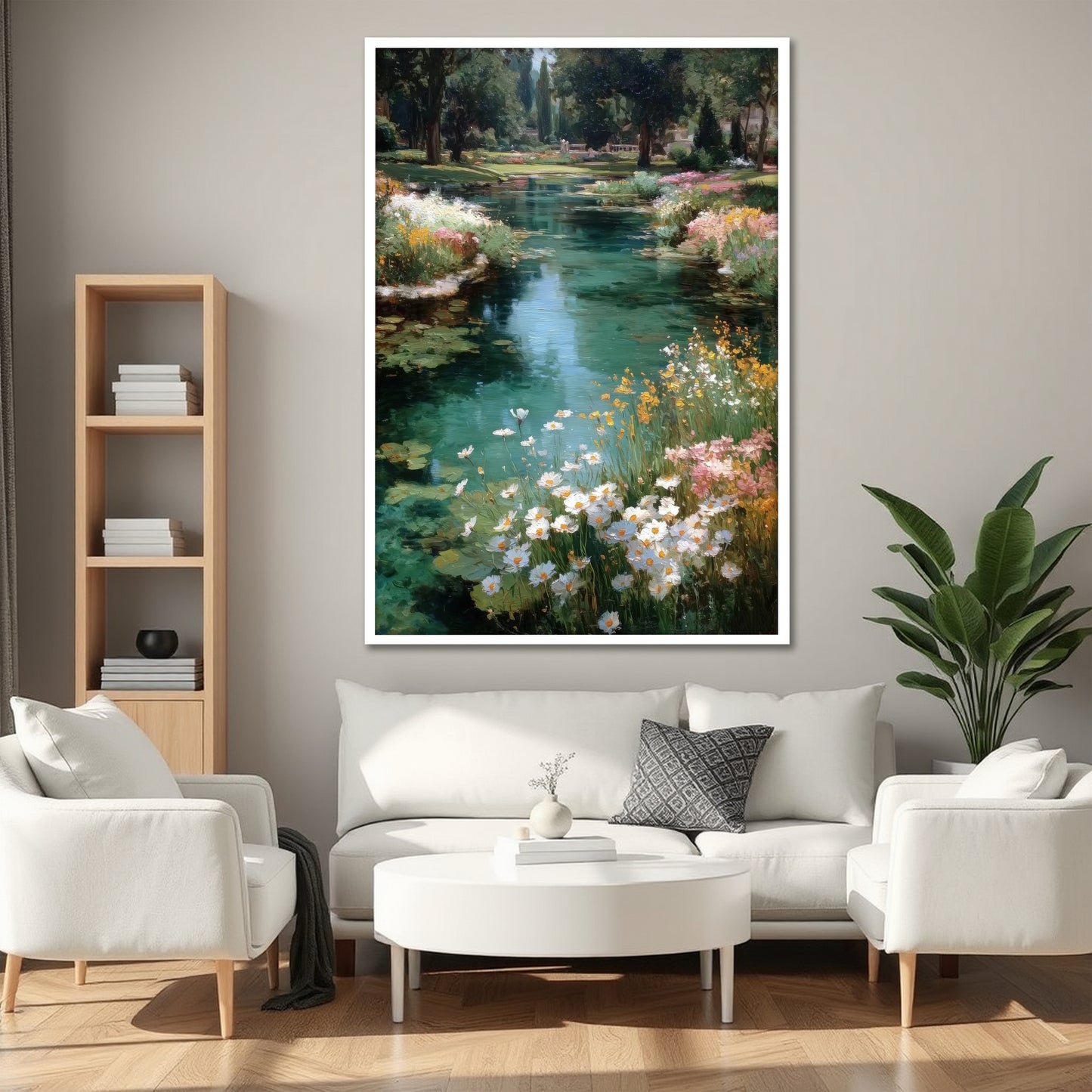 Wildflowers and River Landscape Canvas Art - Nature Home Decor