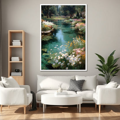 Wildflowers and River Landscape Canvas Art - Nature Home Decor