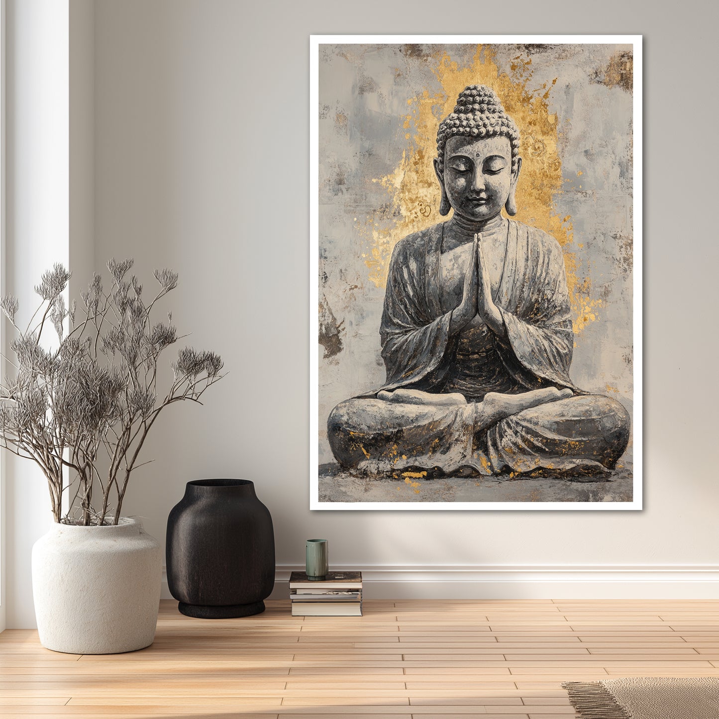 Gold and Grey Buddha Canvas Wall Art - Zen Decor Print