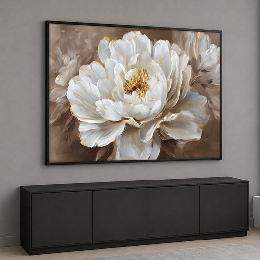 Modern large white peony flower canvas painting with gold leaf accents on a brown background.