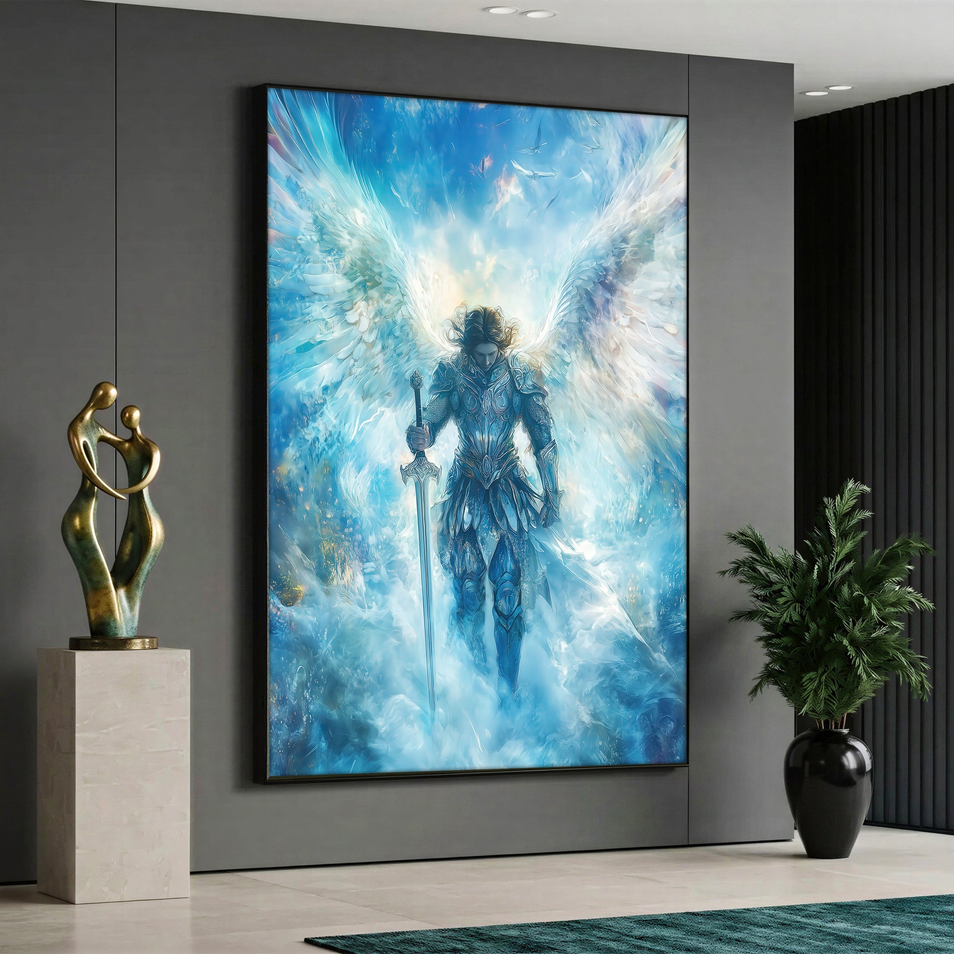 A canvas print depicting the figure of Archangel Michael in armor with large white wings, holding a glowing sword.