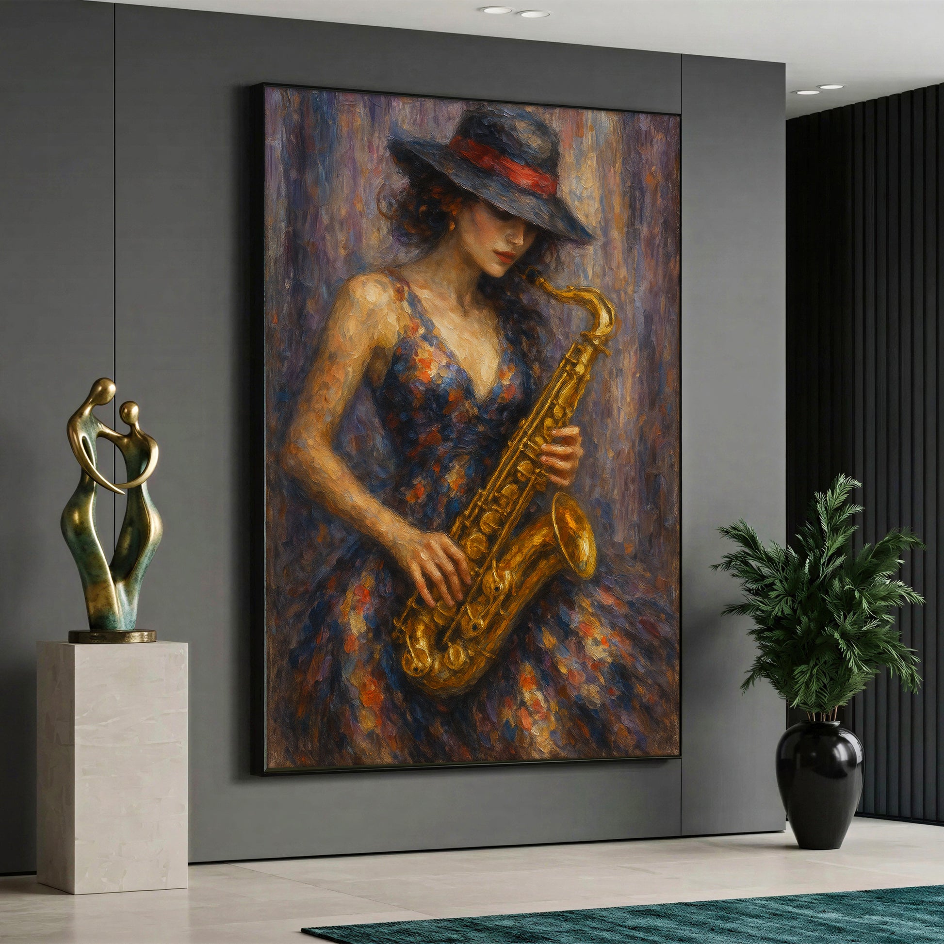 An artistic canvas print featuring a woman with a hat playing a golden saxophone, presented in an elegant impressionist oil painting style with vibrant colors.