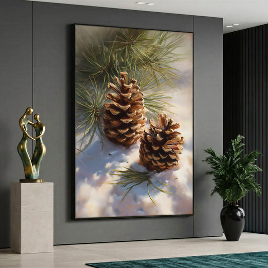 A winter themed nature canvas painting depicting two brown pine cones resting on white snow next to green pine needles, captured with soft sunlight filtering through.