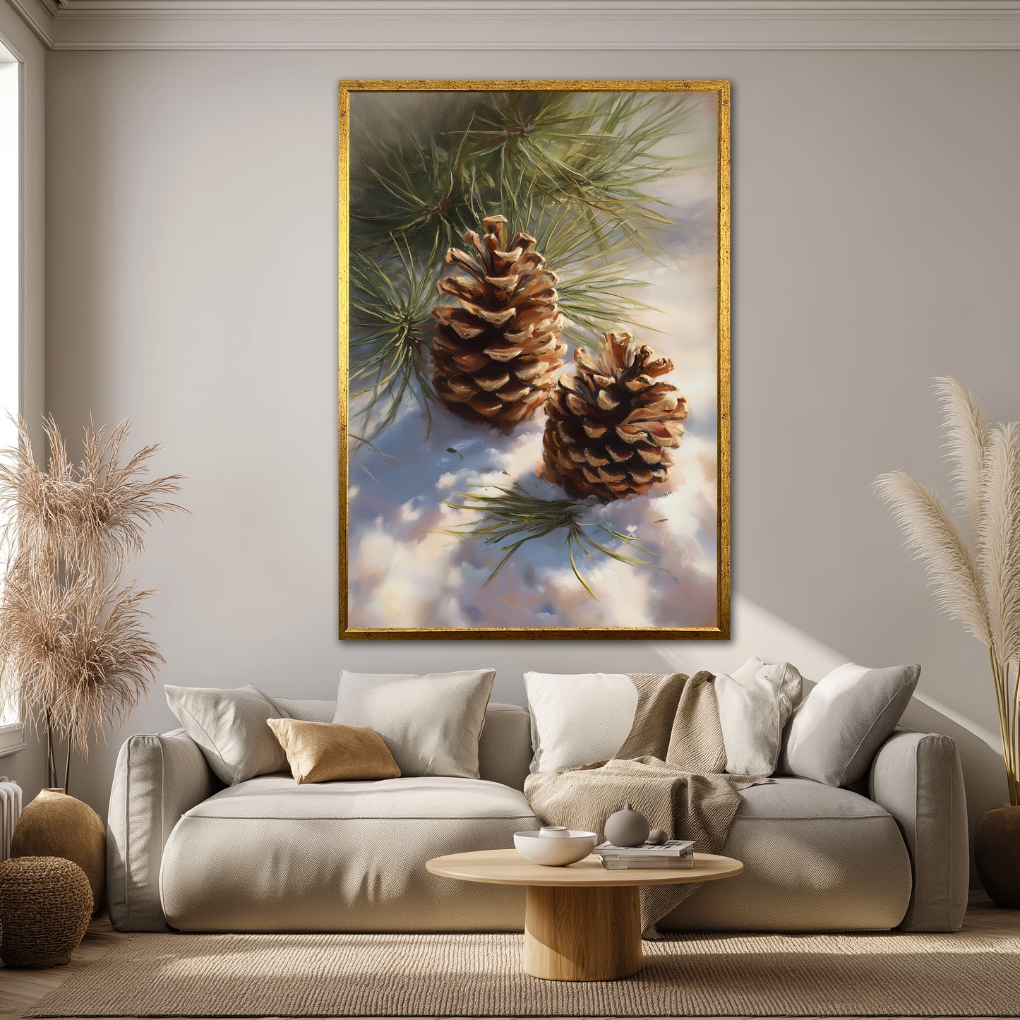 Pine Cones in Snow Canvas Art - Winter Forest Nature Print