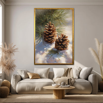 Pine Cones in Snow Canvas Art - Winter Forest Nature Print
