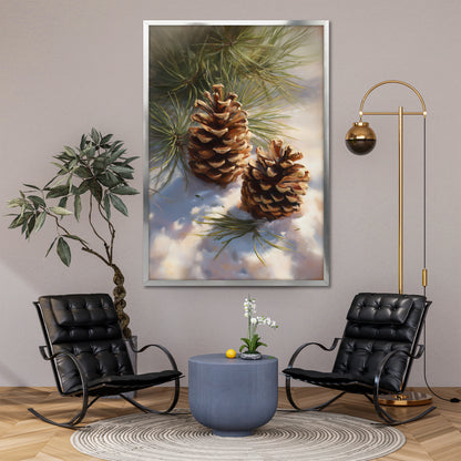 Pine Cones in Snow Canvas Art - Winter Forest Nature Print