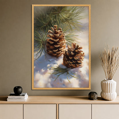Pine Cones in Snow Canvas Art - Winter Forest Nature Print