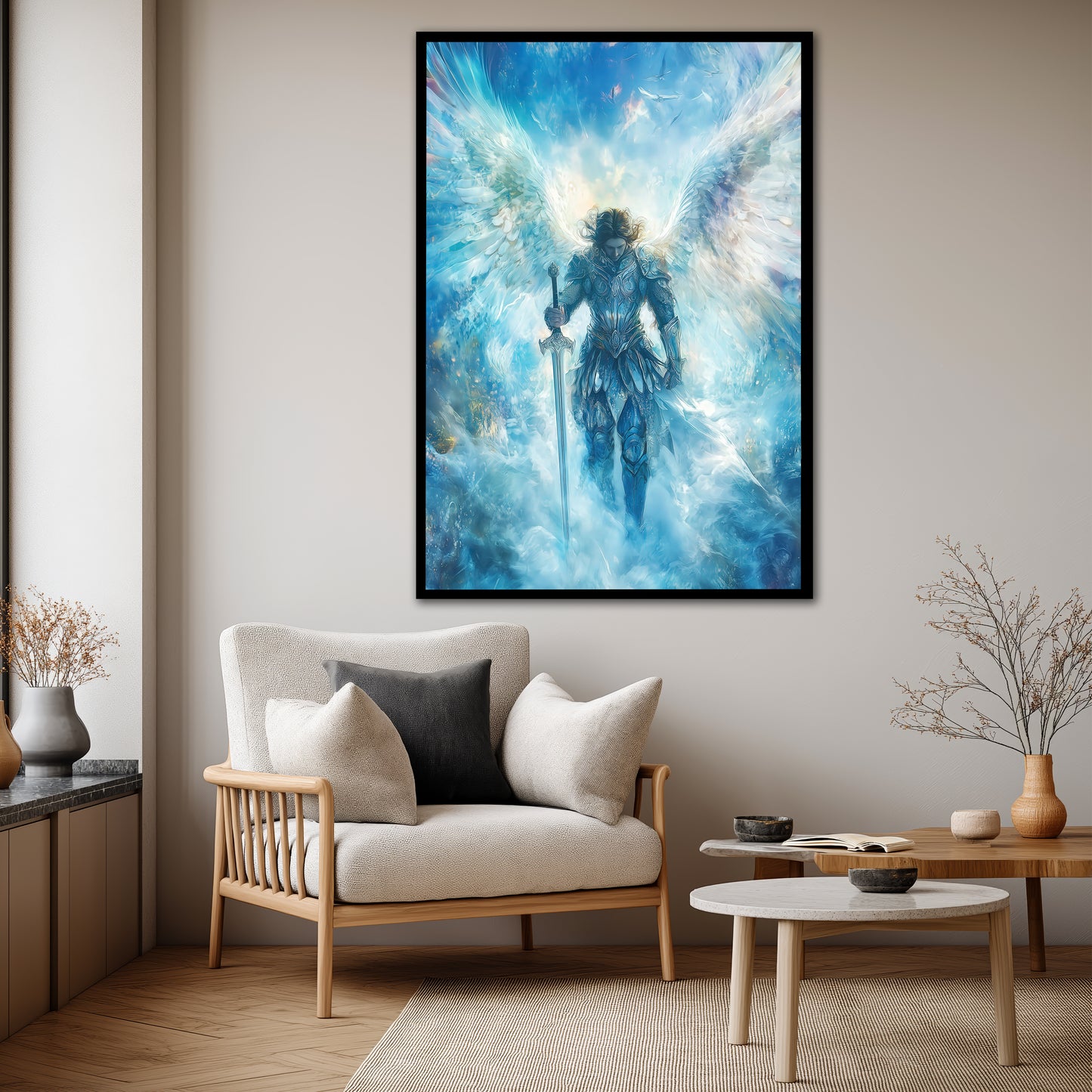 Archangel Michael Canvas - Modern Wall Decor With Light Sword