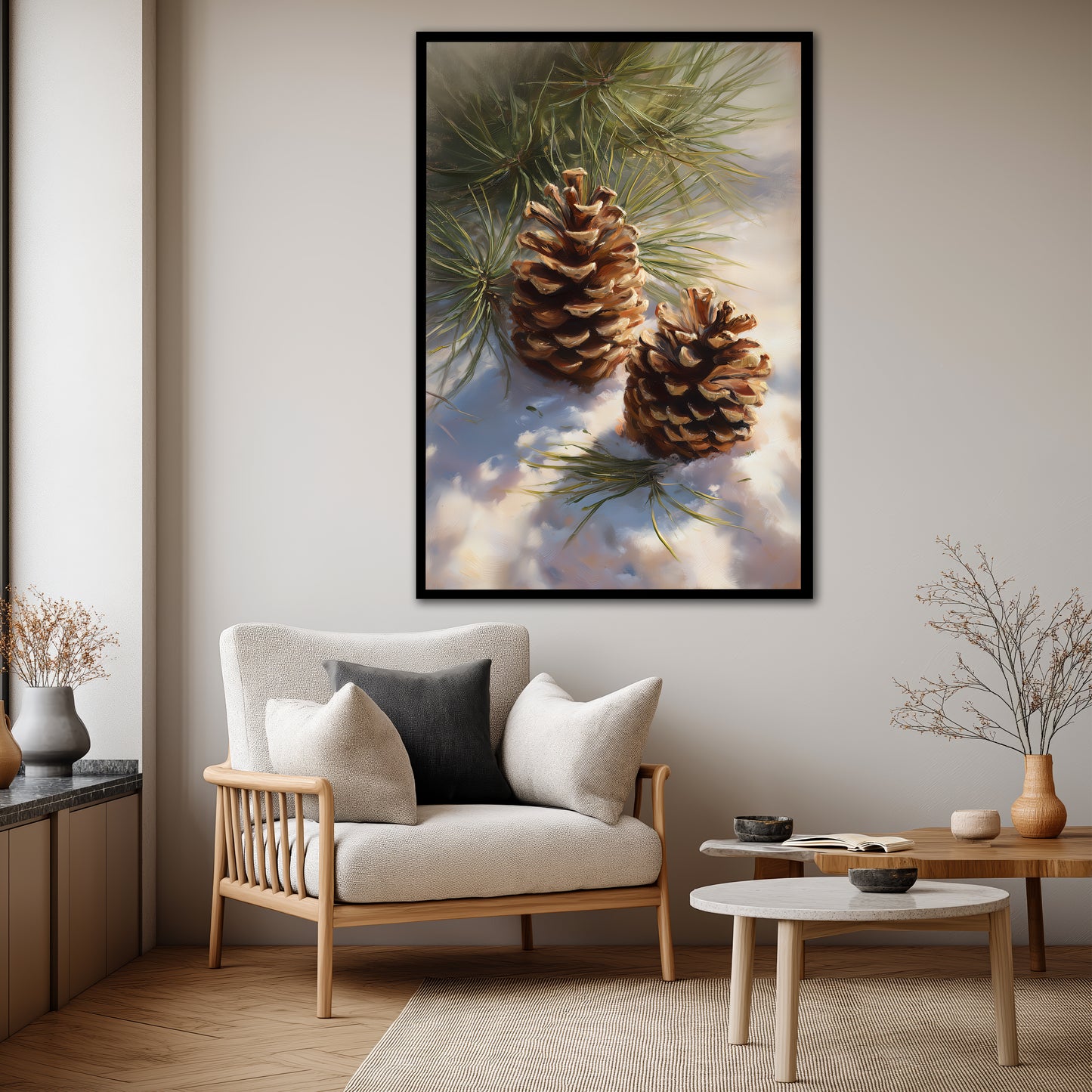 Pine Cones in Snow Canvas Art - Winter Forest Nature Print