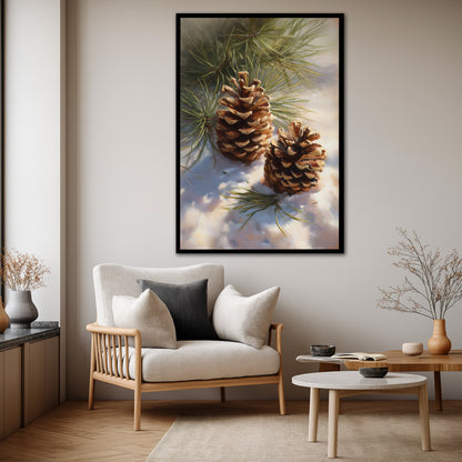 Pine Cones in Snow Canvas Art - Winter Forest Nature Print