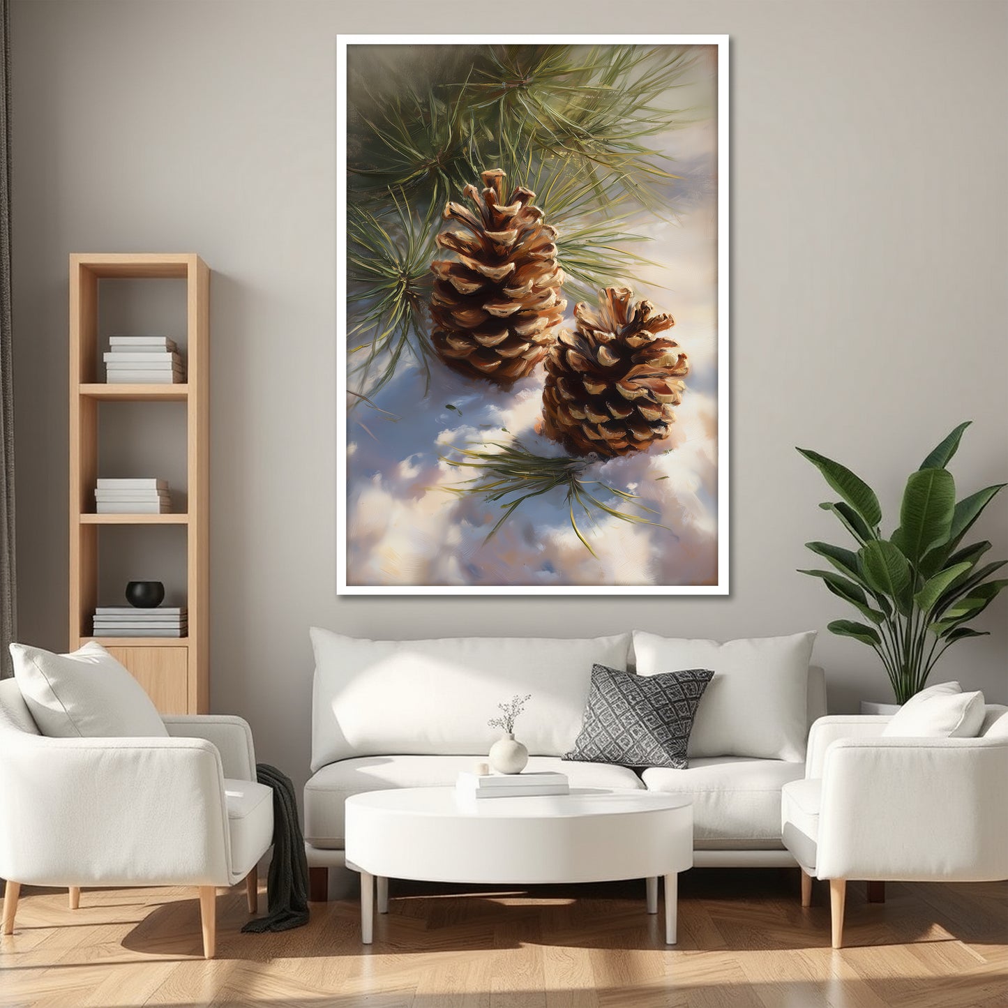 Pine Cones in Snow Canvas Art - Winter Forest Nature Print