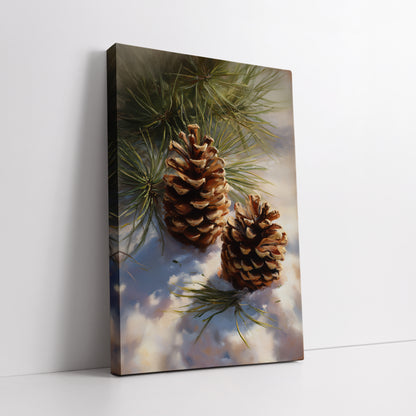 Pine Cones in Snow Canvas Art - Winter Forest Nature Print