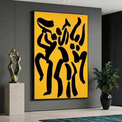 A minimalist modern canvas painting depicting three stylized abstract human figures dancing or in motion, drawn with bold black brush strokes against a solid vibrant yellow background.
