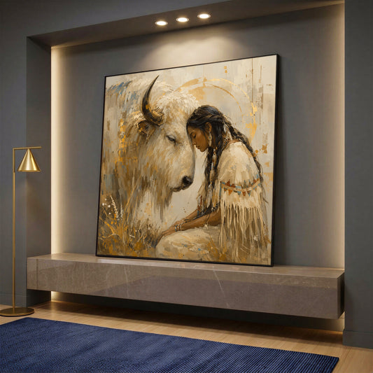 A square canvas art displaying a Native American woman leaning against a white bison in golden tones, set on a stone console shelf in a modern room.