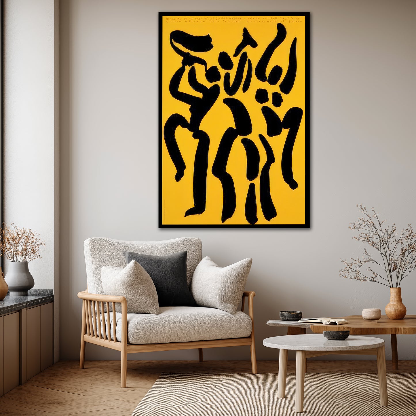 Abstract Dancing Figures Yellow Wall Art - Modern Minimalist Boho Print