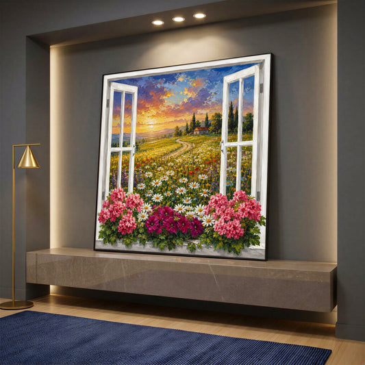 A square canvas wall art featuring an open white window looking out to a bright field of daisies and a sunset over a rustic countryside cottage.