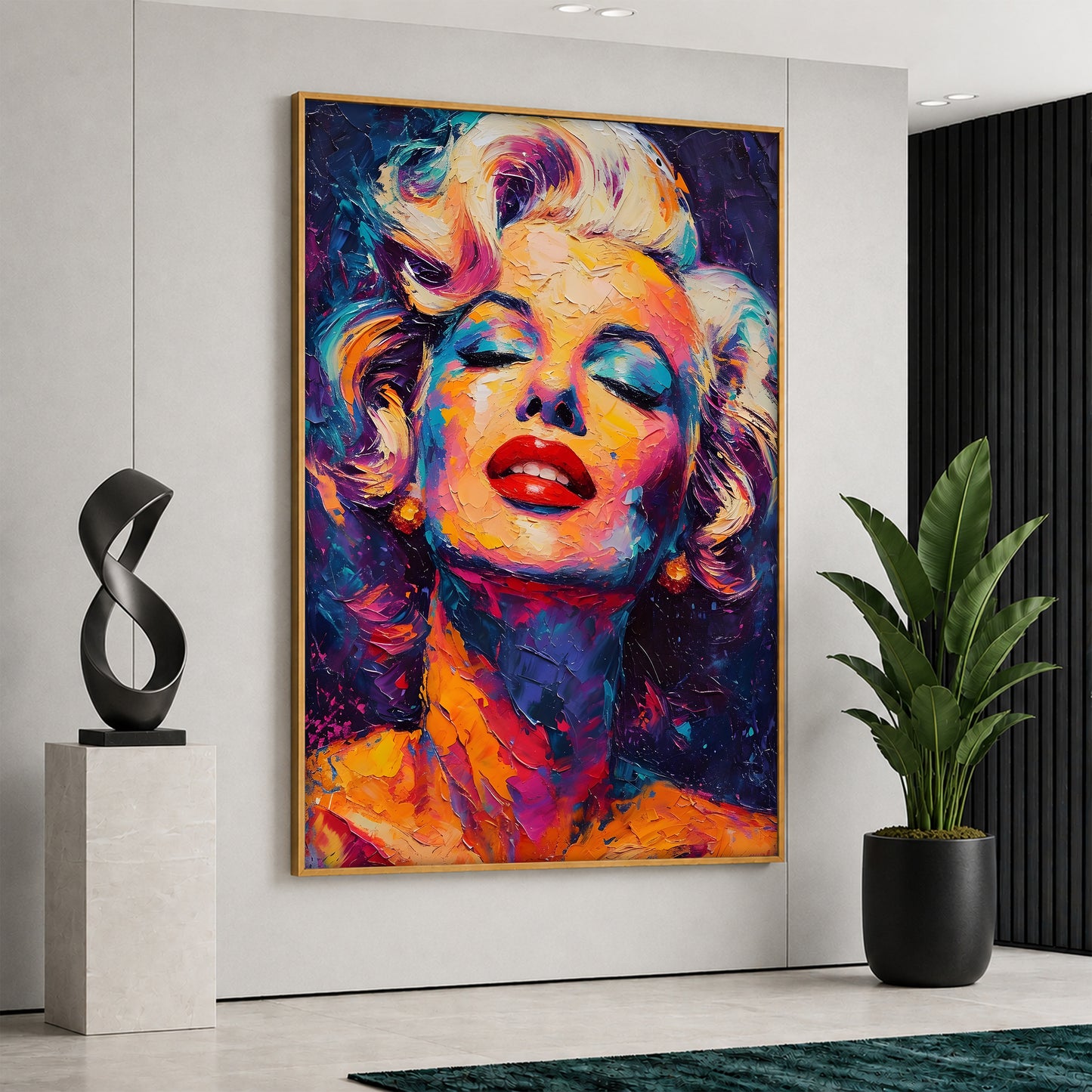 Large vertical canvas print featuring a vibrant, colorful abstract Marilyn Monroe portrait with thick oil painting textures, displayed in a elegant modern interior.