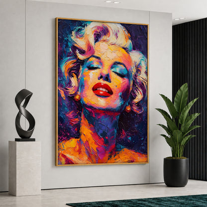 Large vertical canvas print featuring a vibrant, colorful abstract Marilyn Monroe portrait with thick oil painting textures, displayed in a elegant modern interior.