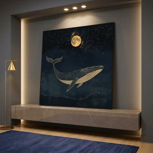 A square canvas wall art displaying a golden-lined whale swimming in a dark blue starry night sky under a full moon, resting on a stone console shelf.