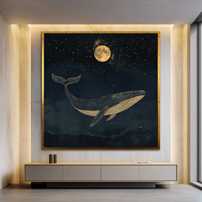 Golden Whale Night Sky Canvas Art - Cozy Nursery Decor