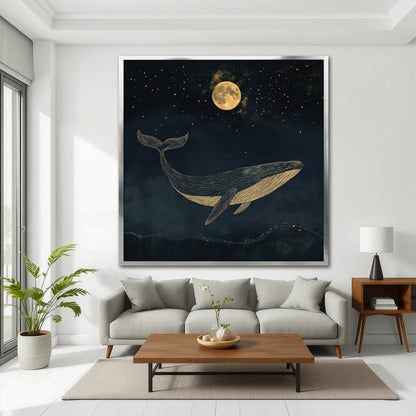 Golden Whale Night Sky Canvas Art - Cozy Nursery Decor