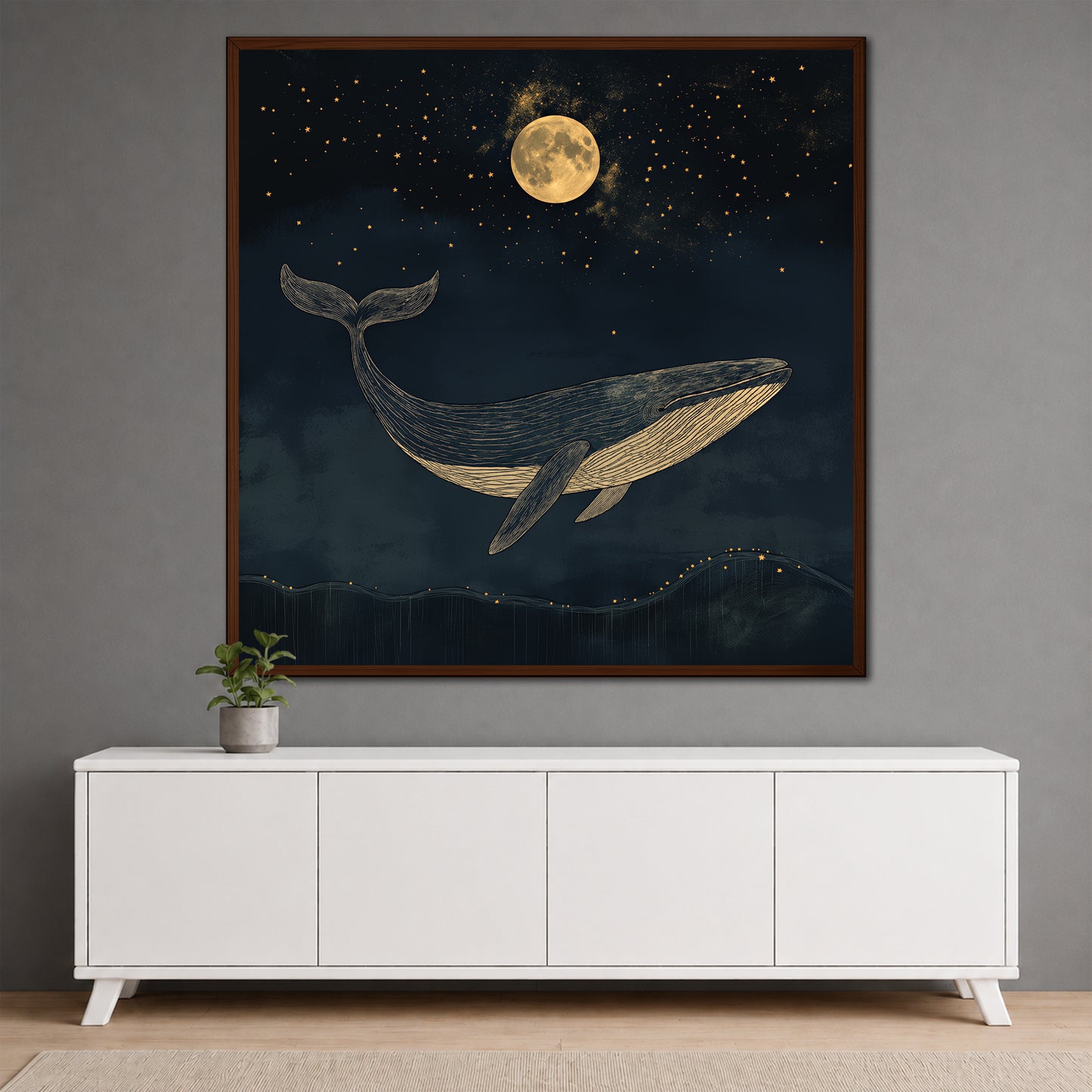 Golden Whale Night Sky Canvas Art - Cozy Nursery Decor
