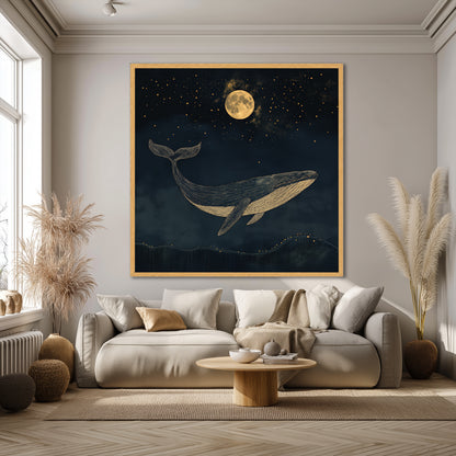 Golden Whale Night Sky Canvas Art - Cozy Nursery Decor