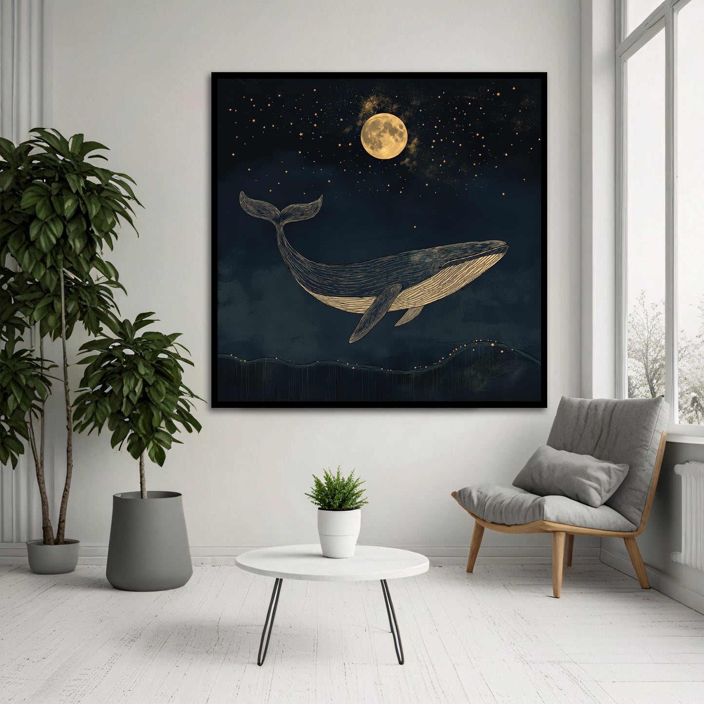 Golden Whale Night Sky Canvas Art - Cozy Nursery Decor
