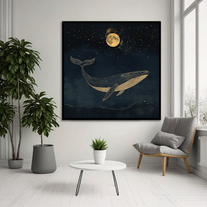 Golden Whale Night Sky Canvas Art - Cozy Nursery Decor
