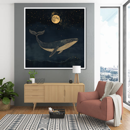 Golden Whale Night Sky Canvas Art - Cozy Nursery Decor