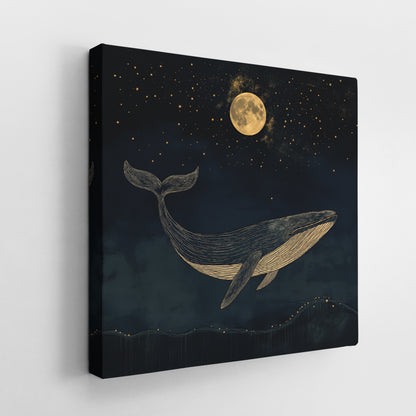 Golden Whale Night Sky Canvas Art - Cozy Nursery Decor