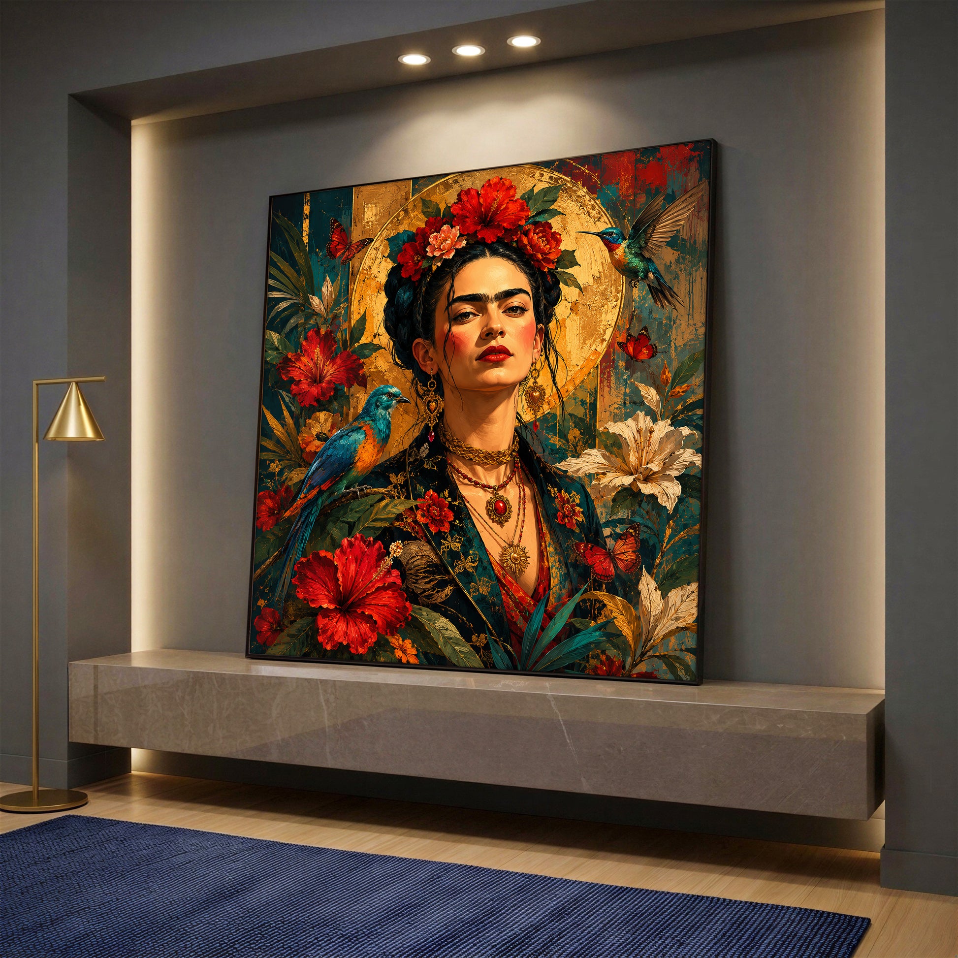 A square canvas wall art featuring a portrait of Frida Kahlo adorned with red flowers, exotic birds, and butterflies, resting on a modern console shelf.