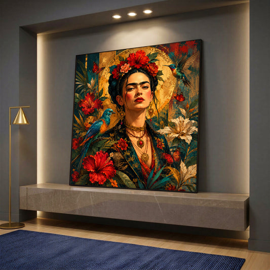 A square canvas wall art featuring a portrait of Frida Kahlo adorned with red flowers, exotic birds, and butterflies, resting on a modern console shelf.