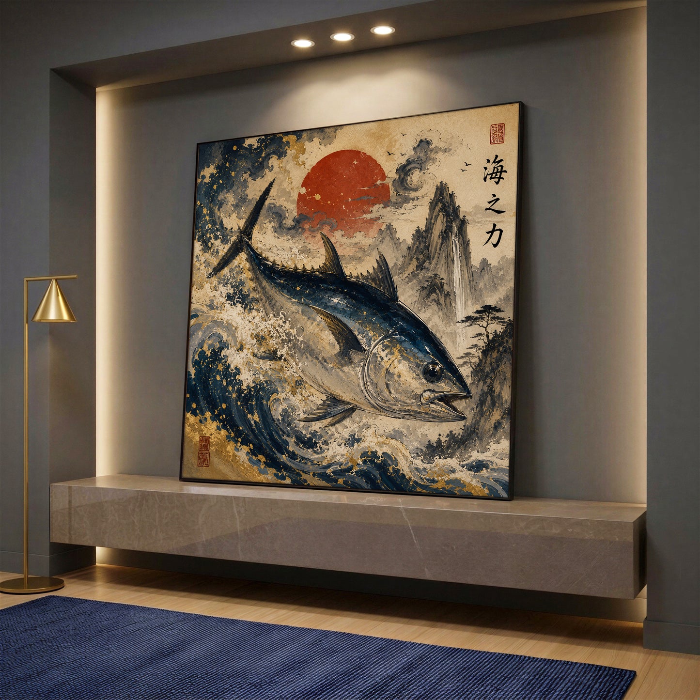 A square canvas wall art showing a Japanese-style tuna fish jumping out of waves against a red sun and mountains, displayed on a modern stone console.