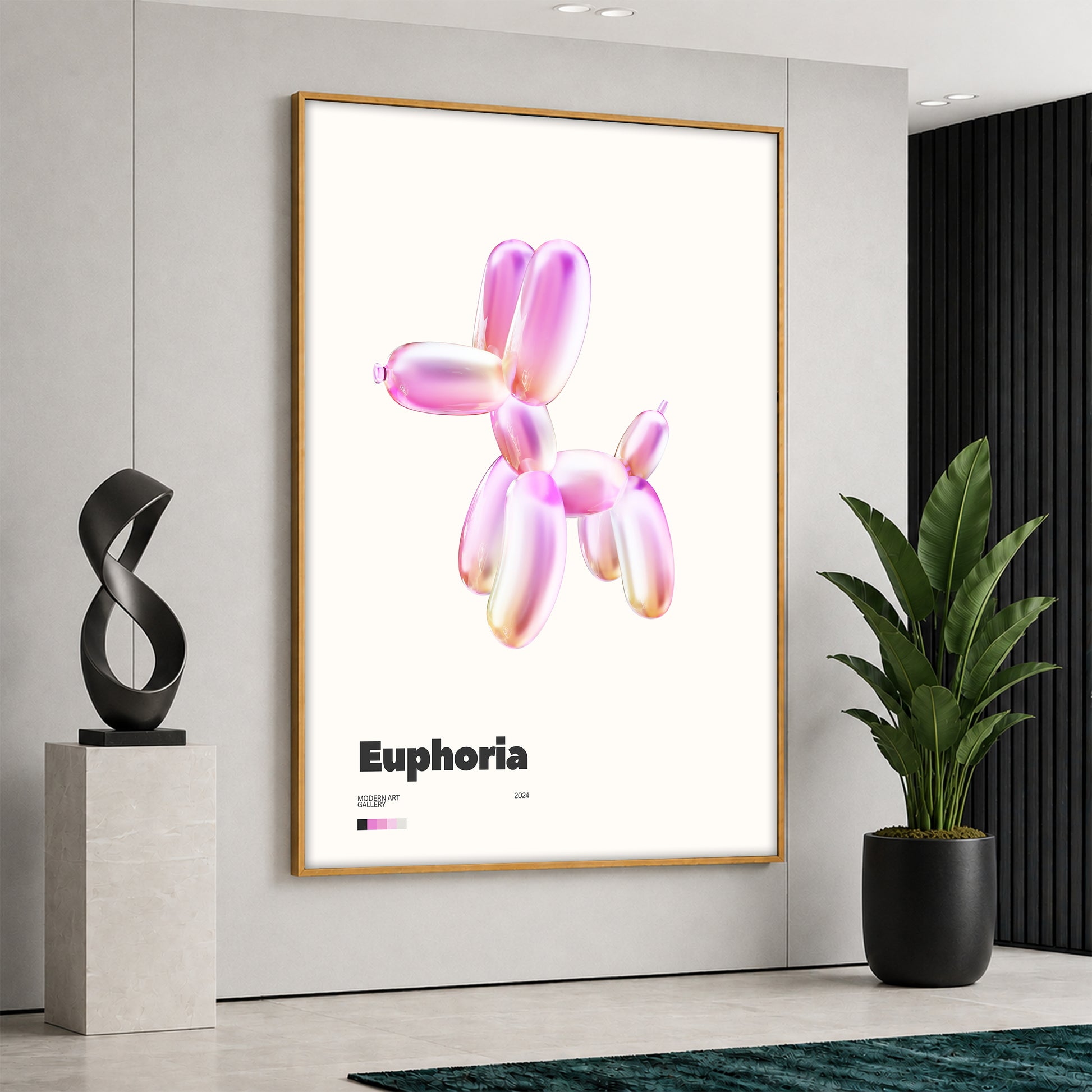 Large vertical canvas print featuring a shiny metallic pink balloon dog illustration with "Euphoria" typography text at the bottom, displayed in a chic minimalist interior.